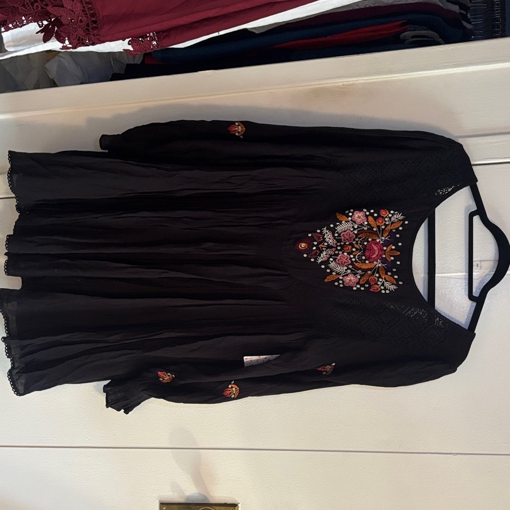 Free People Black Long Sleeve Dress with Floral Embroidery